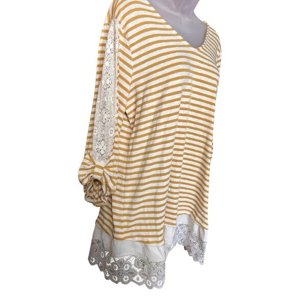 Cato Mustard Yellow Striped Lace Trim Tunic Top Sz Large Lagenlook Cottagecore - Picture 5 of 8
